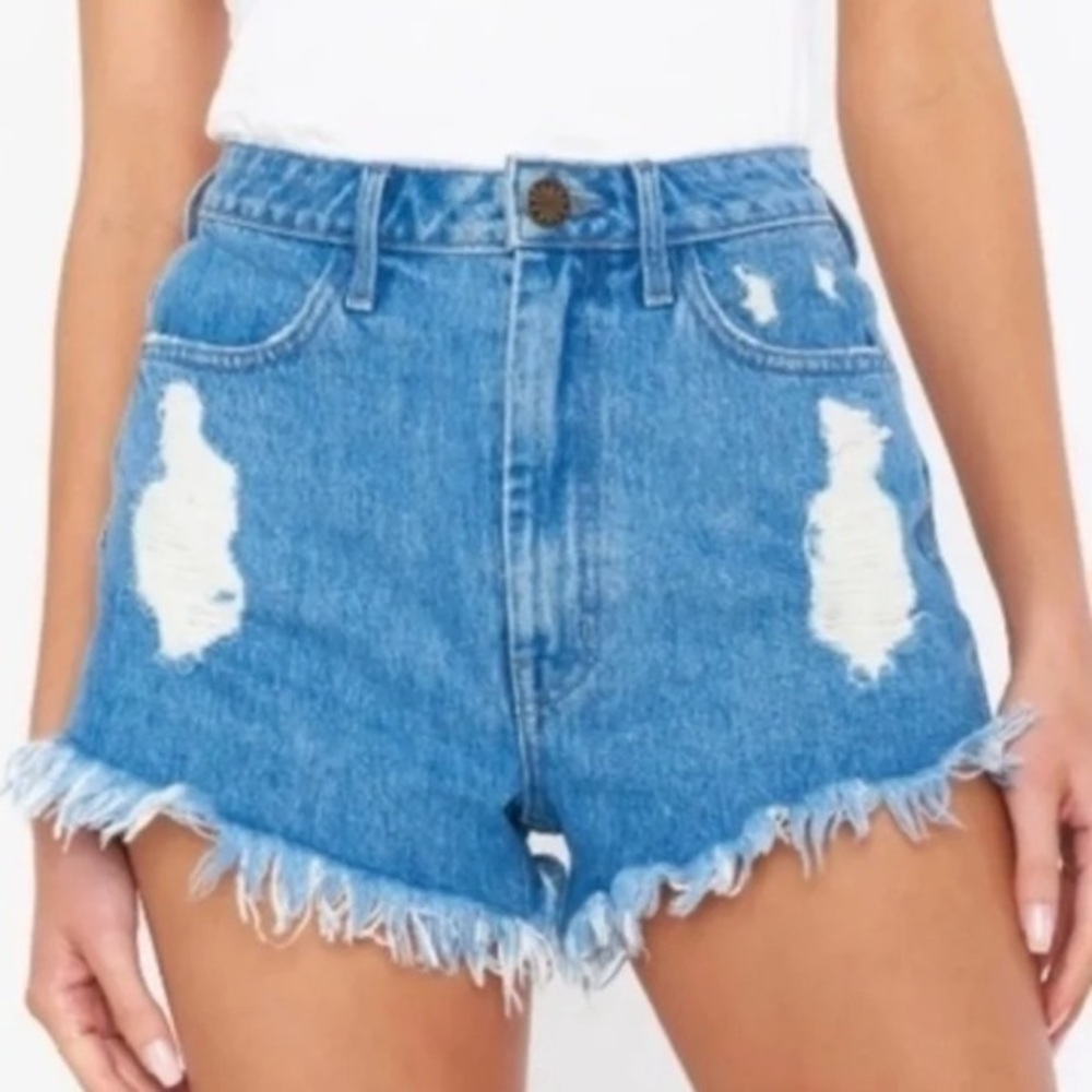 Show Me Your Mumu Houston High Waisted Distressed Denim Shorts